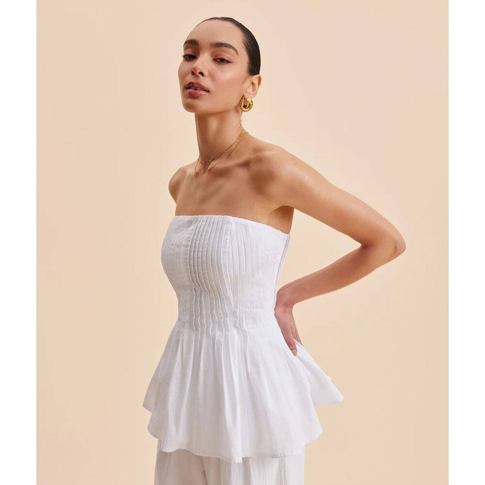 NWT Commense Cotton Pleated Strapless Peplum Top Sz L - Picture 5 of 6